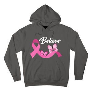 Believe Pink Butterfly Ribbon Breast Cancer Tall Hoodie