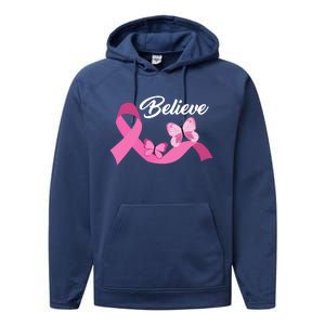 Believe Pink Butterfly Ribbon Breast Cancer Performance Fleece Hoodie