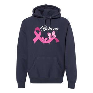 Believe Pink Butterfly Ribbon Breast Cancer Premium Hoodie