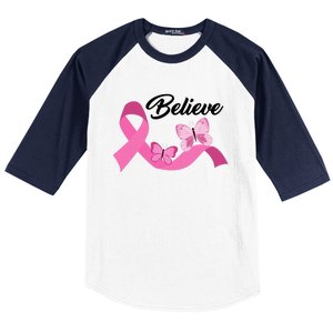 Believe Pink Butterfly Ribbon Breast Cancer Baseball Sleeve Shirt