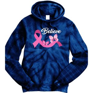 Believe Pink Butterfly Ribbon Breast Cancer Tie Dye Hoodie