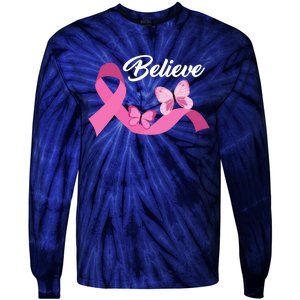 Believe Pink Butterfly Ribbon Breast Cancer Tie-Dye Long Sleeve Shirt