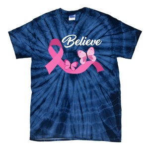 Believe Pink Butterfly Ribbon Breast Cancer Tie-Dye T-Shirt