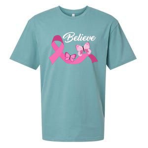 Believe Pink Butterfly Ribbon Breast Cancer Sueded Cloud Jersey T-Shirt