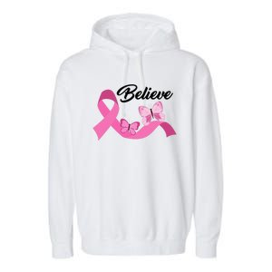 Believe Pink Butterfly Ribbon Breast Cancer Garment-Dyed Fleece Hoodie