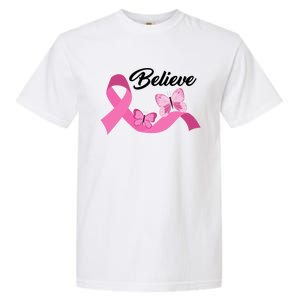 Believe Pink Butterfly Ribbon Breast Cancer Garment-Dyed Heavyweight T-Shirt