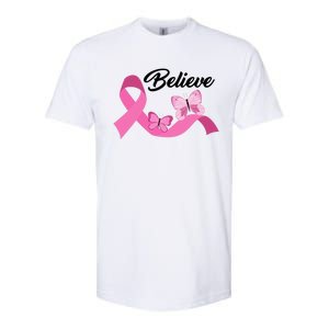 Believe Pink Butterfly Ribbon Breast Cancer Softstyle CVC T-Shirt