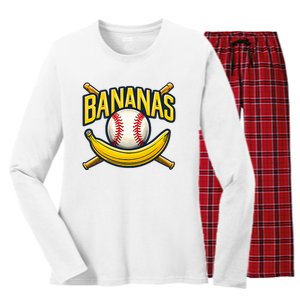 Banana Playing Baseball Fruit Lover Baseball Player Banana Women's Long Sleeve Flannel Pajama Set 