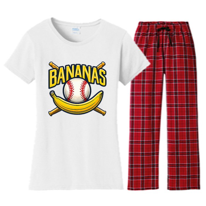 Banana Playing Baseball Fruit Lover Baseball Player Banana Women's Flannel Pajama Set