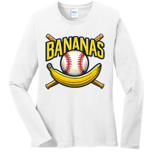 Banana Playing Baseball Fruit Lover Baseball Player Banana Ladies Long Sleeve Shirt