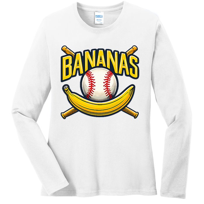 Banana Playing Baseball Fruit Lover Baseball Player Banana Ladies Long Sleeve Shirt