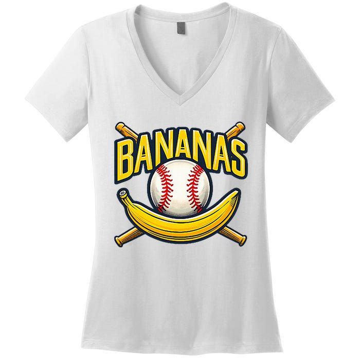 Banana Playing Baseball Fruit Lover Baseball Player Banana Women's V-Neck T-Shirt