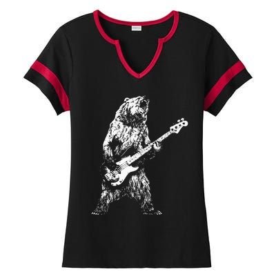 Bear Playing Bass Guitar Bear Retro Music Lovers Ladies Halftime Notch Neck Tee