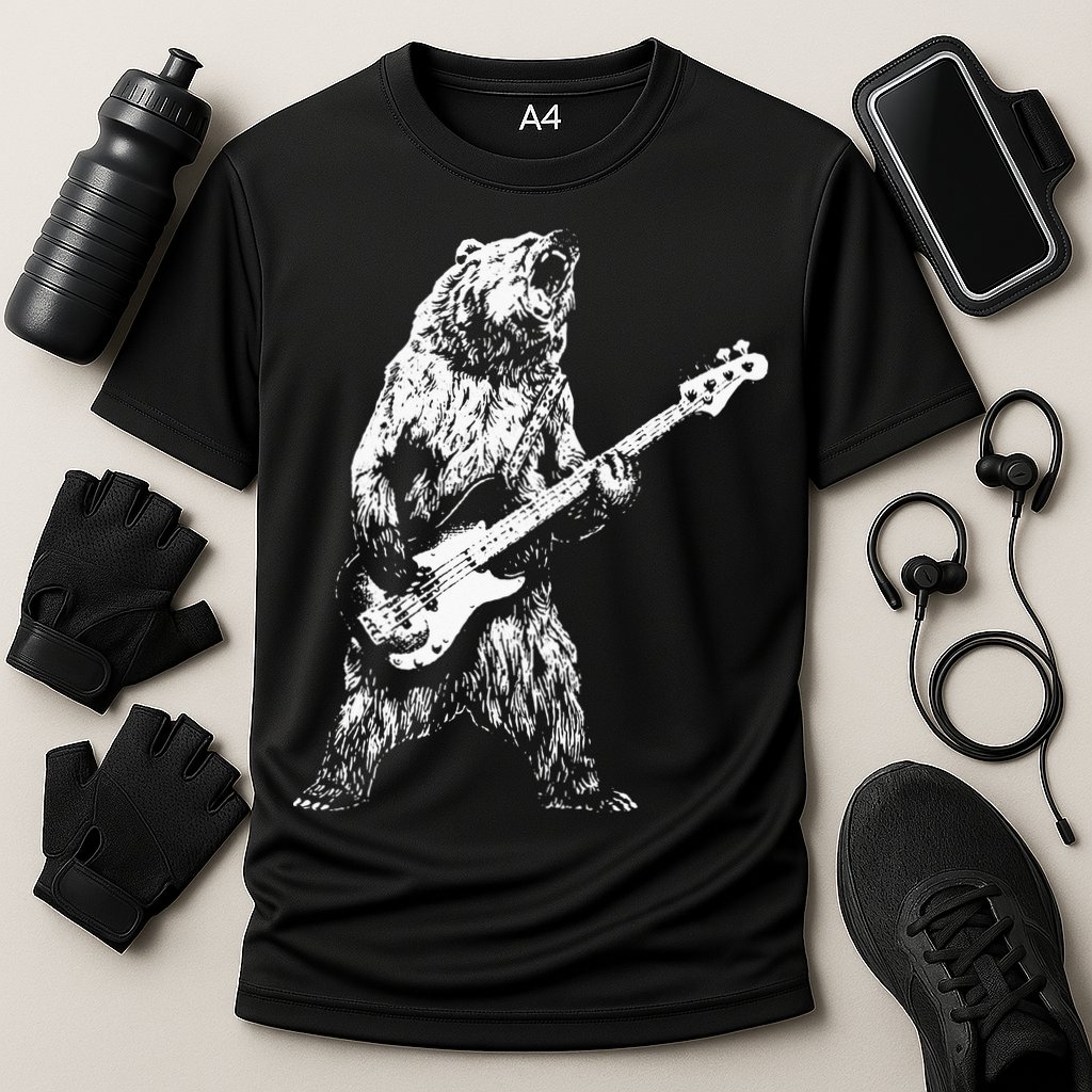 Bear Playing Bass Guitar Bear Retro Music Lovers Cooling Performance Crew T-Shirt