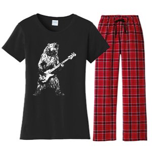 Bear Playing Bass Guitar Bear Retro Music Lovers Women's Flannel Pajama Set