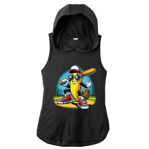 Banana Playing Baseball Funny Fruit Lover Ladies PosiCharge Tri-Blend Wicking Draft Hoodie Tank