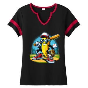 Banana Playing Baseball Funny Fruit Lover Ladies Halftime Notch Neck Tee