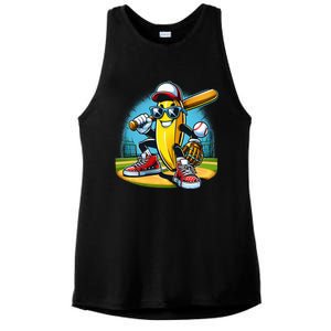 Banana Playing Baseball Funny Fruit Lover Ladies PosiCharge Tri-Blend Wicking Tank