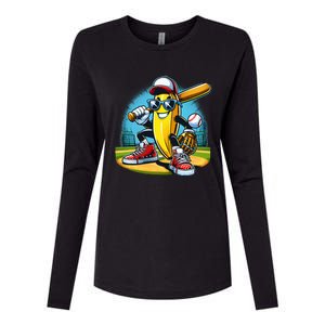 Banana Playing Baseball Funny Fruit Lover Womens Cotton Relaxed Long Sleeve T-Shirt