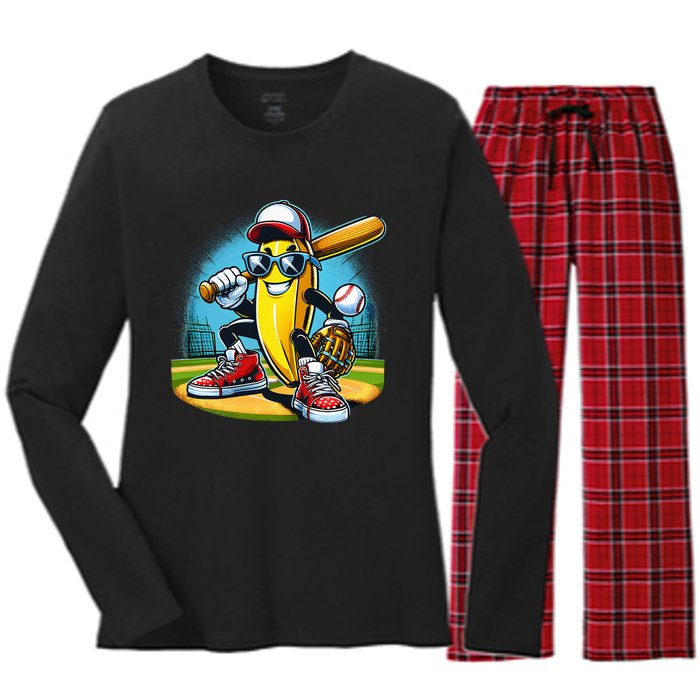 Banana Playing Baseball Funny Fruit Lover Women's Long Sleeve Flannel Pajama Set 