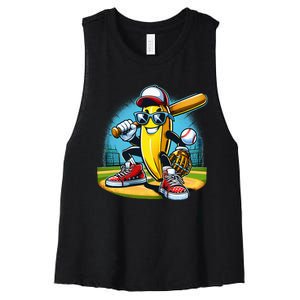 Banana Playing Baseball Funny Fruit Lover Women's Racerback Cropped Tank