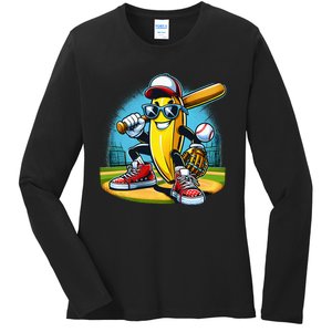 Banana Playing Baseball Funny Fruit Lover Ladies Long Sleeve Shirt