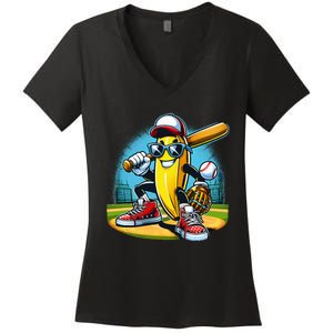 Banana Playing Baseball Funny Fruit Lover Women's V-Neck T-Shirt