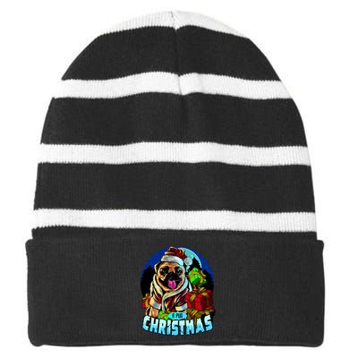 Best Pug Christmas Striped Beanie with Solid Band