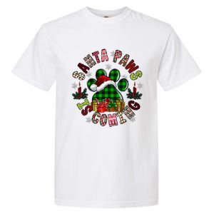 Buffalo Plaid Christmas Santa Paws Is Coming Dog Santa Hat Cute Gift Garment-Dyed Heavyweight T-Shirt