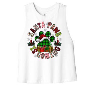 Buffalo Plaid Christmas Santa Paws Is Coming Dog Santa Hat Cute Gift Women's Racerback Cropped Tank