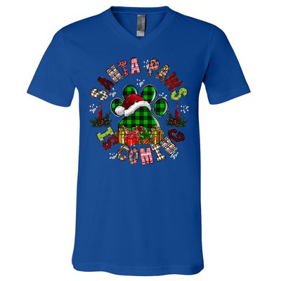 Buffalo Plaid Christmas Santa Paws Is Coming Dog Santa Hat Great Gift V-Neck T-Shirt