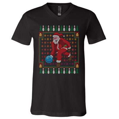 Bowling Pins Claus Santa Bowler Ugly Christmas Sweater Gift V-Neck T-Shirt