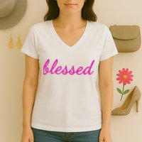 Blessed Pink Christian Women's V-Neck T-Shirt