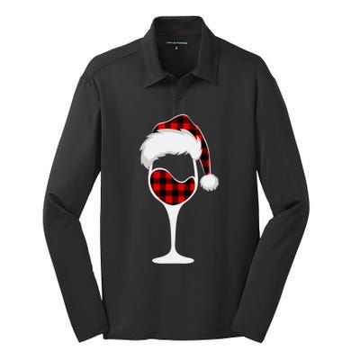 Buffalo Plaid Christmas Wine Glass With Santa Hat Funny Gift Silk Touch Performance Long Sleeve Polo