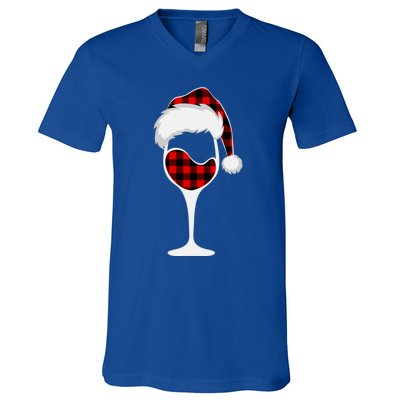 Buffalo Plaid Christmas Wine Glass With Santa Hat Funny Gift V-Neck T-Shirt