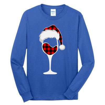 Buffalo Plaid Christmas Wine Glass With Santa Hat Funny Gift Tall Long Sleeve T-Shirt