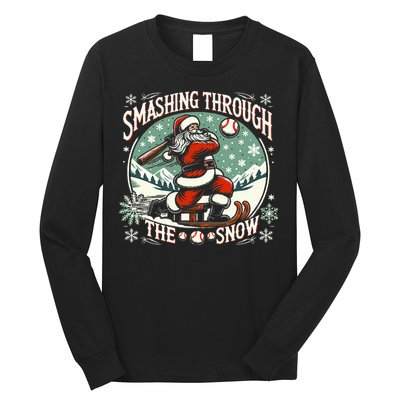 Baseball Player Christmas Santa Smashing Through The Snow  Long Sleeve Shirt