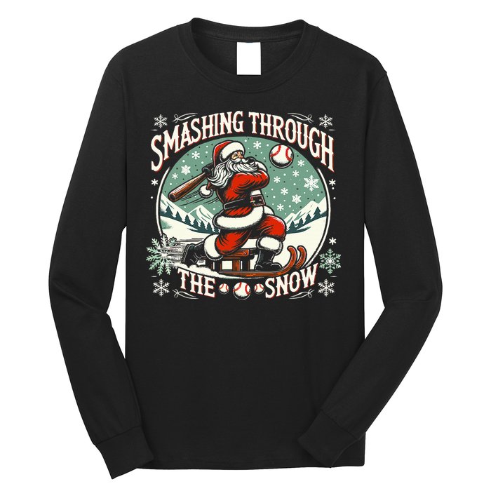 Baseball Player Christmas Santa Smashing Through The Snow  Long Sleeve Shirt
