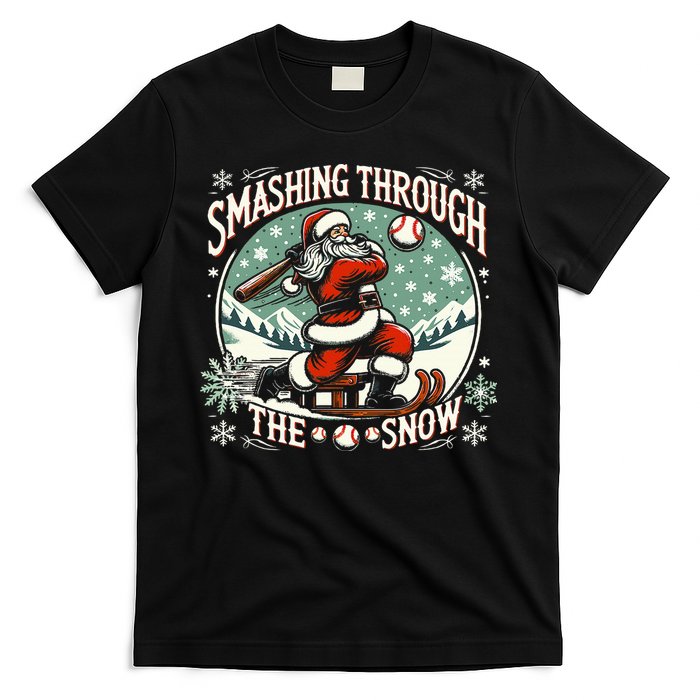 Baseball Player Christmas Santa Smashing Through The Snow  T-Shirt