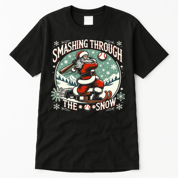 Baseball Player Christmas Santa Smashing Through The Snow  Tall T-Shirt