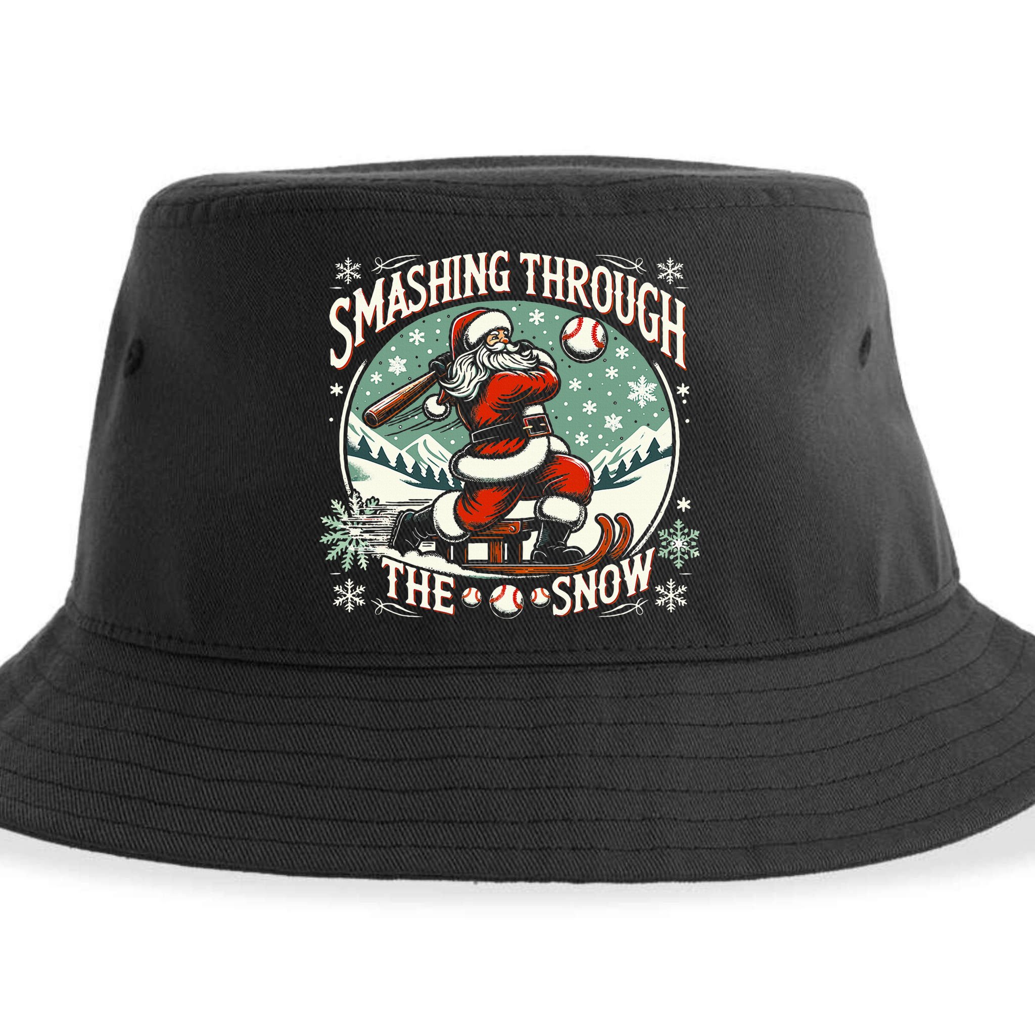 Baseball Player Christmas Santa Smashing Through The Snow  Sustainable Bucket Hat