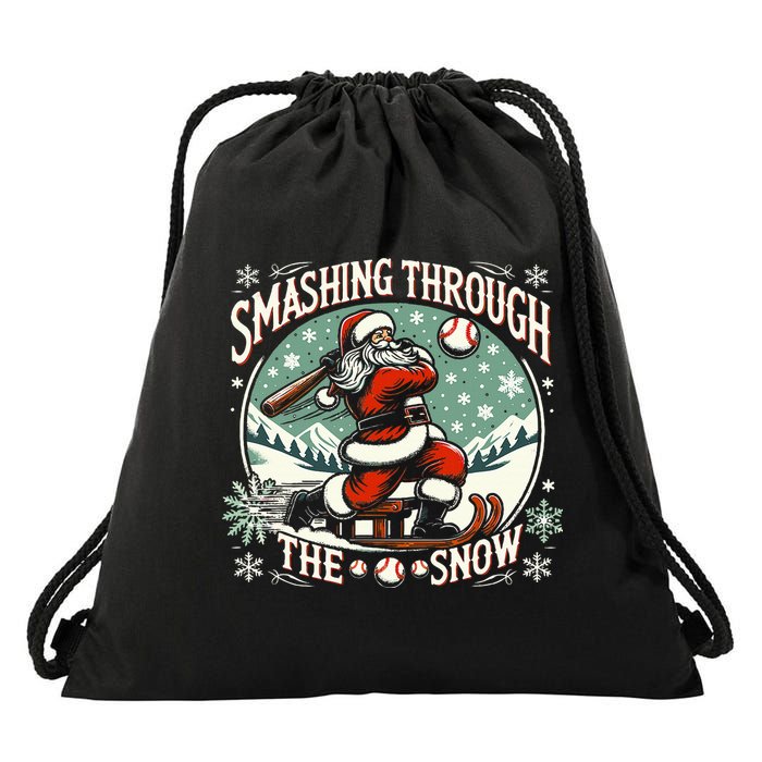 Baseball Player Christmas Santa Smashing Through The Snow  Drawstring Bag