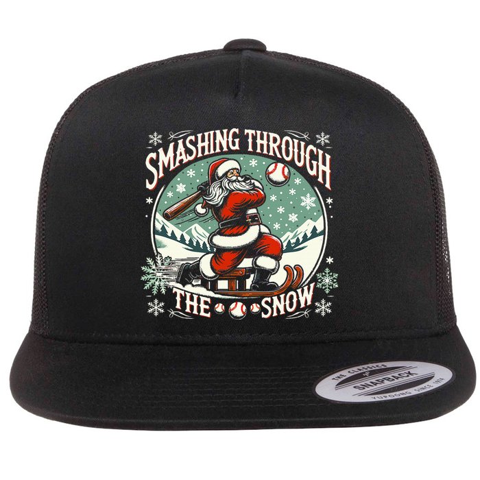 Baseball Player Christmas Santa Smashing Through The Snow  Flat Bill Trucker Hat