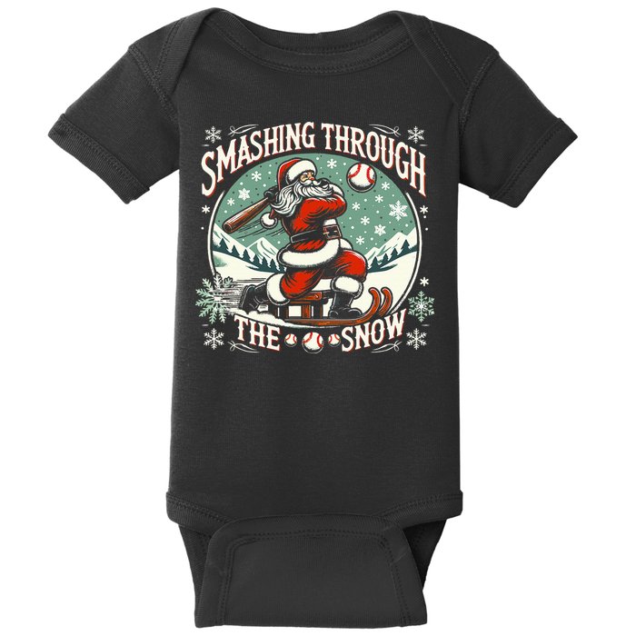 Baseball Player Christmas Santa Smashing Through The Snow  Baby Bodysuit