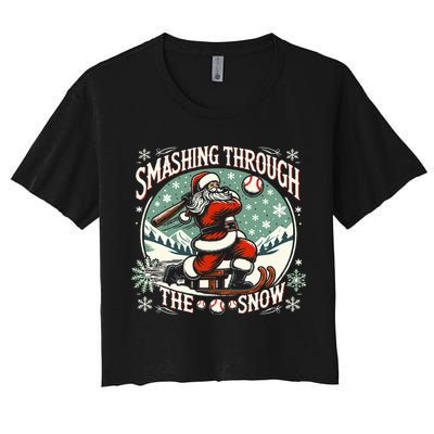 Baseball Player Christmas Santa Smashing Through The Snow  Women's Crop Top Tee