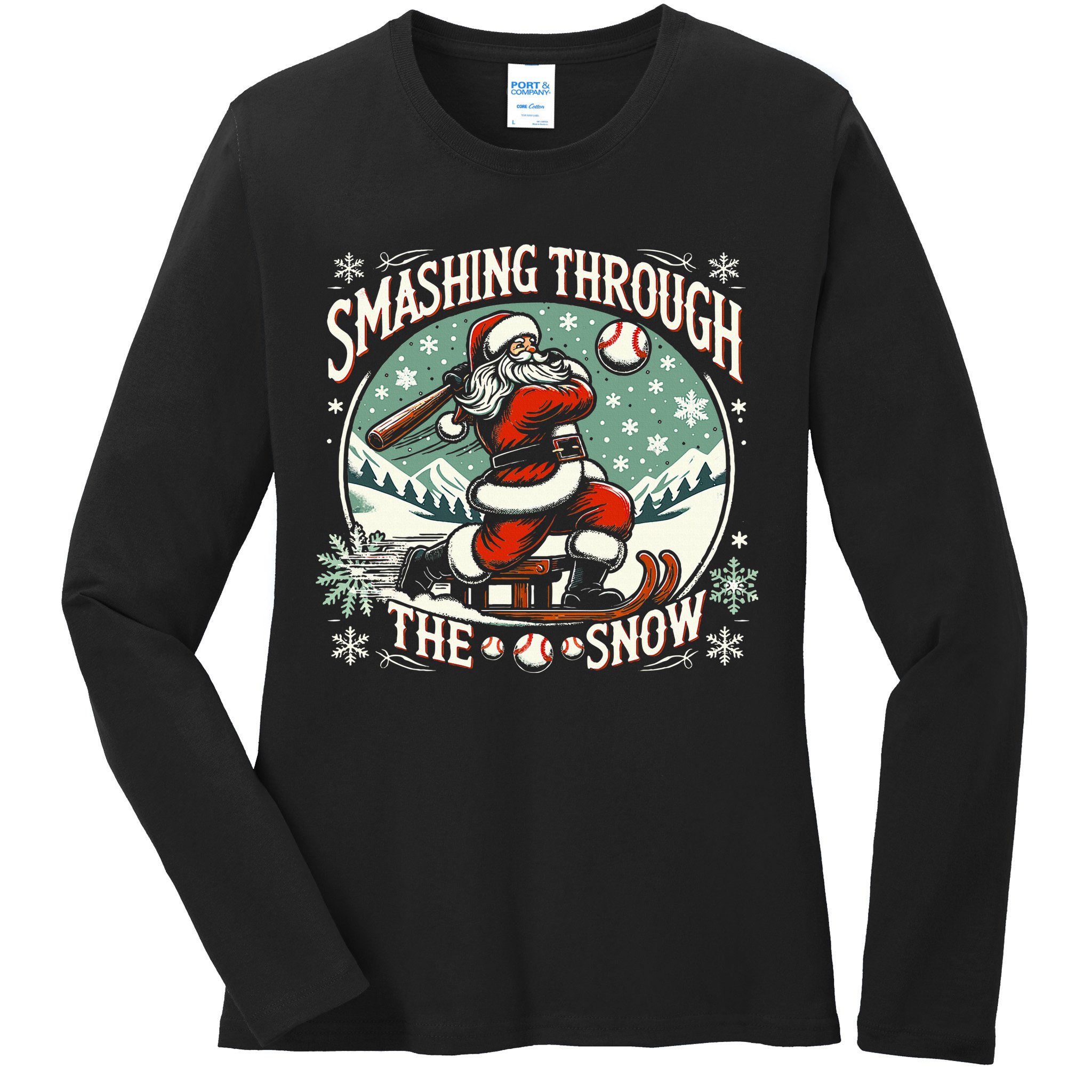 Baseball Player Christmas Santa Smashing Through The Snow  Ladies Long Sleeve Shirt
