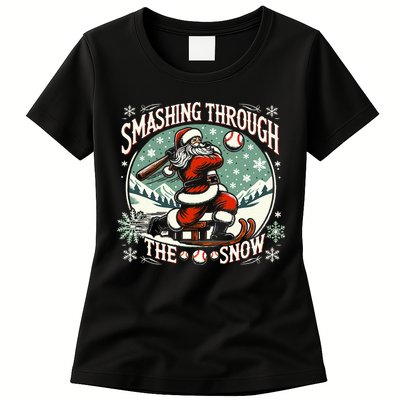 Baseball Player Christmas Santa Smashing Through The Snow  Womens T-Shirt