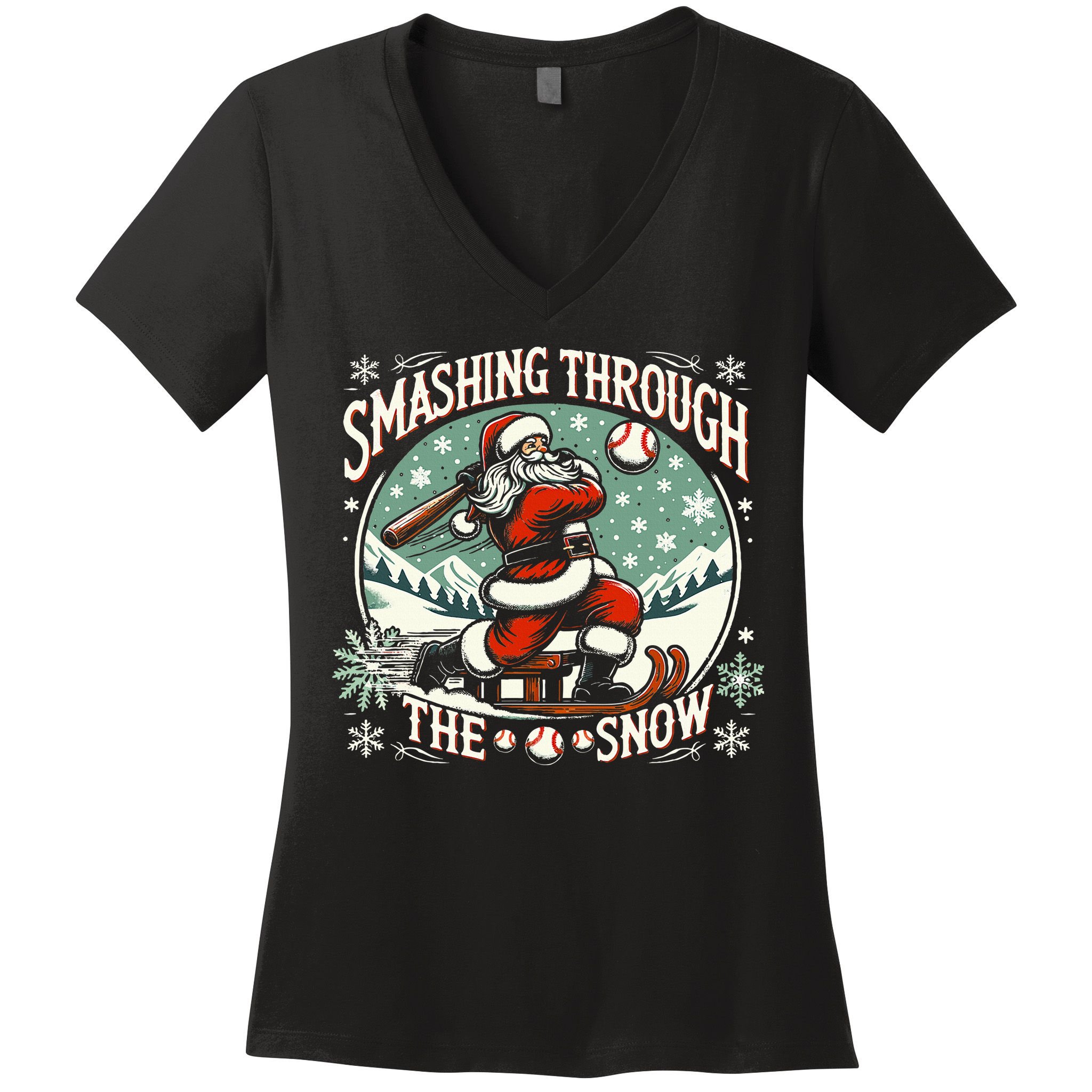 Baseball Player Christmas Santa Smashing Through The Snow  Women's V-Neck T-Shirt