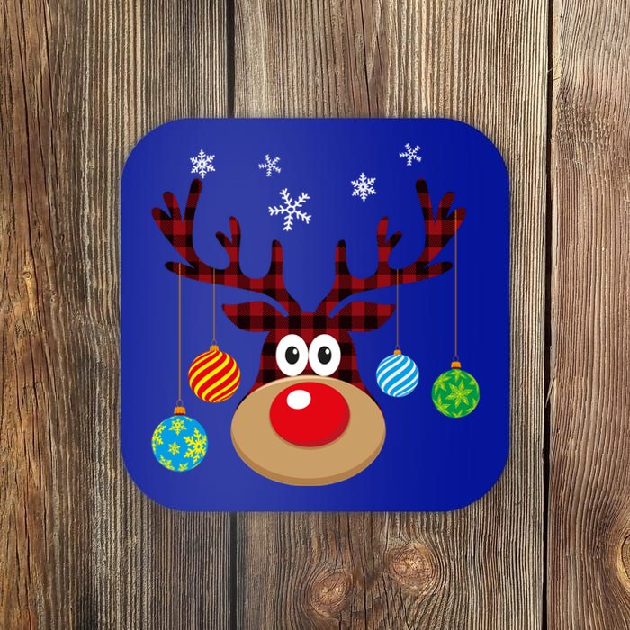 Buffalo Plaid Cute Reindeer Christmas Ornats Snowflakes Gift Coaster