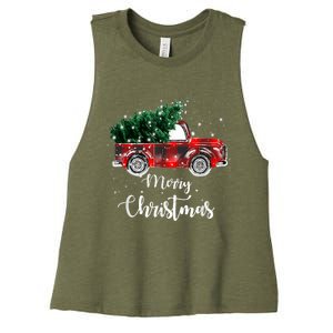 Buffalo Plaid Christmas Tree Red Truck Gift Women's Racerback Cropped Tank